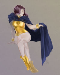 Rule 34 | 10s, 1girl, 2014, alternate costume, ankle boots, bare legs, boots, bracelet, breasts, cape, closed eyes, colored skin, crossed legs, dc comics, grey skin, jewelry, lady legasus, leotard, lips, nose, purple hair, raven (dc), shoes, short hair, sitting, solo, teen titans, yellow footwear