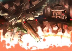 Rule 34 | 1girl, arm cannon, black hair, black wings, bow, cape, fire, from behind, hair bow, hashiro, long hair, md5 mismatch, reiuji utsuho, resized, skirt, touhou, weapon, wings