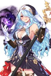 Rule 34 | 1girl, alkyde (soccer spirits), armpits, black bra, black dress, black gloves, black skirt, black thighhighs, blush, bra, breasts, center opening, cleavage, cowboy shot, detached collar, dress, drill hair, elbow gloves, empew, garter straps, gloves, habit, hair over one eye, hands up, highres, holding, holding staff, large breasts, licking lips, long dress, long hair, looking at viewer, nun, official art, pleated skirt, purple eyes, resized, sideboob, skirt, sleeveless, smile, soccer spirits, solo, staff, standing, teeth, thighhighs, tongue, tongue out, torn clothes, torn gloves, torn thighhighs, transparent background, turtleneck, underwear, upscaled, very long hair, wavy hair, white gloves