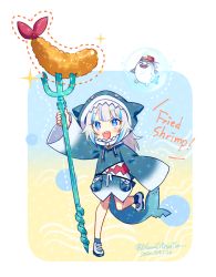 Rule 34 | 1girl, animal hood, bloop (gawr gura), blue eyes, blue hair, blue hoodie, blush, english text, fins, fish tail, food, gawr gura, gawr gura (1st costume), hololive, hololive english, hood, hoodie, long sleeves, looking at viewer, multicolored hair, open mouth, polearm, shark girl, shark hood, shark tail, sharp teeth, shoes, shrimp, shrimp tempura, smile, sneakers, solo, streaked hair, tail, teeth, tempura, trident, virtual youtuber, weapon, white hair, youmicitrustea