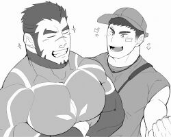 Rule 34 | 2boys, :d, akashi (live a hero), bandaid, bara, baseball cap, character request, check character, clenched hand, crossed arms, eyebrow cut, greyscale, happy aura, hat, highres, kansuke (kansuke 717), large pectorals, live a hero, long sideburns, male focus, male protagonist (live a hero), monochrome, multiple boys, muscular, muscular male, open mouth, pectoral lift, pectorals, scar, scar on face, scar on nose, short hair, sideburns, smile, sparkle, thick eyebrows, thick neck, thighs, upper body