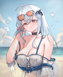 Rule 34 | 1girl, absurdres, ahoge, arknights, bare shoulders, black choker, breasts, choker, cleavage, commentary request, hand up, highres, large breasts, long hair, looking at viewer, off-shoulder shirt, off shoulder, official alternate costume, orca hair ornament, red eyes, runyo (yale12312), shirt, short sleeves, skadi (arknights), skadi (waverider) (arknights), smile, solo, upper body, white hair, white shirt