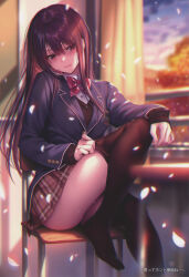 Rule 34 | 1girl, absurdres, blazer, blurry, blurry background, blush, breasts, brown hair, buttoned cuffs, buttons, chair, closed mouth, curtains, fingernails, hanikami kanojo, highres, indoors, jacket, lips, long hair, long sleeves, medium breasts, minazumi kasane, petals, piromizu, pulling own clothes, ribbon, scan, simple background, sitting, sleeves past wrists, solo, thighhighs, thighs, window
