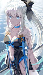 Rule 34 | 1girl, black bow, black dress, black thighhighs, blue eyes, bow, braid, breasts, capelet, center opening, choker, cleavage, dress, fate/grand order, fate (series), french braid, garter straps, grey hair, hair bow, highres, large breasts, long hair, long sleeves, looking at viewer, morgan le fay (fate), pelvic curtain, polearm, ponytail, sidelocks, solo, spear, thighhighs, thighs, two-tone dress, uenoryoma, very long hair, weapon, white capelet, white dress, wide sleeves