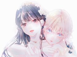 Rule 34 | 2girls, black hair, blonde hair, blue eyes, blush, bug, butterfly, commentary request, dress, eyelashes, hug, hug from behind, insect, jewelry, lips, long hair, multiple girls, necklace, necktie, original, pale skin, parted lips, portrait, red eyes, simple background, wedding dress, white background, wife and wife, yumemitsuki125, yuri