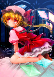 Rule 34 | 1girl, anetarou, bad id, bad pixiv id, barefoot, blonde hair, character name, crystal, dress, flandre scarlet, hat, hat ribbon, looking at viewer, looking back, mob cap, puffy sleeves, red eyes, ribbon, short sleeves, side ponytail, sitting, smile, solo, sparkle, touhou, typo, wings