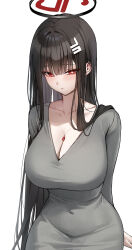 Rule 34 | 1girl, absurdres, alternate costume, arms behind back, black hair, blue archive, blush, breasts, bright pupils, cleavage, collarbone, commentary, covered navel, dongtan dress, dress, grey dress, halo, highres, jewelry, large breasts, long hair, looking at viewer, meme attire, mohaka (m 0haka), necklace, red eyes, rio (blue archive), simple background, solo, straight hair, symbol-only commentary, taut clothes, taut dress, upper body, very long hair, white background, white pupils