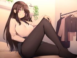 Rule 34 | 1girl, absurdres, black pantyhose, blush, breasts, brown hair, casual, casual, grin, hand on own knee, highres, huge filesize, indoors, large breasts, leg up, long hair, long sleeves, looking at viewer, non-web source, nyum, original, pantyhose, pink eyes, sidelocks, sitting, skirt, smile, solo, sweater, turtleneck, turtleneck sweater