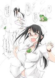 Rule 34 | ..., 1girl, :o, black hair, blush, breasts, brown eyes, cleavage, constricted pupils, flying sweatdrops, frog, from side, happy, hat, highres, kitano (zekkyon), large breasts, long hair, lupin dive, miniskirt, motion lines, name tag, nurse, nurse cap, open mouth, original, ponytail, scared, shirt, shoes, short sleeves, sidelocks, simple background, skirt, smile, speech bubble, spoken ellipsis, squatting, tawawa challenge, tearing up, thighhighs, translated, white background, white footwear, white shirt, white skirt, white thighhighs, zekkyon, zettai ryouiki