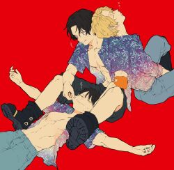Rule 34 | 3boys, bad id, bad twitter id, black hair, black shirt, blonde hair, blue pants, boots, closed eyes, commentary request, fish (m8snknk), floral print, male focus, monkey d. luffy, multiple boys, one piece, open clothes, open shirt, pants, portgas d. ace, red background, sabo (one piece), scar, scar on face, shirt, simple background, sleeping, smile, torso