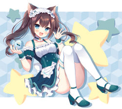 Rule 34 | 1girl, :d, animal ear fluff, animal ears, bare shoulders, bird, blue dress, blue eyes, blue footwear, blue sleeves, blush, breasts, brown hair, cat ears, choker, commentary, detached sleeves, dress, frilled choker, frilled hairband, frills, full body, green footwear, hair between eyes, hairband, hand up, hands up, high heels, knees up, long hair, looking at viewer, maid, maid headdress, mauve, open mouth, puffy short sleeves, puffy sleeves, ringlets, se:a, se:a story, shoes, short sleeves, small breasts, smile, solo, star (symbol), starry background, thighhighs, twintails, white choker, white thighhighs, wrist cuffs
