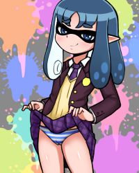 Rule 34 | asortofcolorfag, blue eyes, blue hair, cameltoe, closed mouth, clothes lift, domino mask, heartcatch precure!, inkling player character, kurumi erika, long hair, long sleeves, mask, matching hair/eyes, necktie, nintendo, panties, pleated skirt, pointy ears, precure, school uniform, skirt, skirt lift, smile, smug, splatoon (series), striped clothes, striped panties, thick eyebrows, thighs, underwear