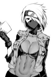 Rule 34 | 1girl, absurdres, book, collarbone, fingerless gloves, fishnets, genderswap, genderswap (mtf), gggg, gloves, greyscale, hair over one eye, hatake kakashi, hatching (texture), headband, highres, holding, holding book, mask, monochrome, mouth mask, naruto (series), navel, open book, short hair, simple background, solo, white background