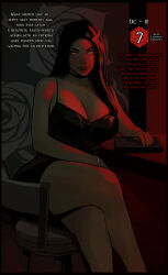 Rule 34 | 1girl, bare arms, bare shoulders, black dress, black hair, bracelet, breasts, cherry-gig, cleavage, crossed legs, dice, dress, english text, failure, glowing, glowing eyes, highres, horns, jewelry, large breasts, long hair, looking at viewer, original, single horn, sitting, smile, solo