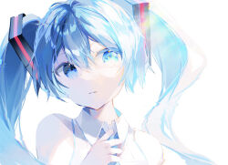 Rule 34 | 1girl, aqua eyes, aqua hair, aqua necktie, closed mouth, collared shirt, commentary, expressionless, glitch, hair between eyes, hair ornament, hand up, hatsune miku, highres, hokucha, long hair, looking at viewer, necktie, one layer challenge, portrait, shirt, simple background, sleeveless, sleeveless shirt, solo, twintails, very long hair, vocaloid, white background, white shirt