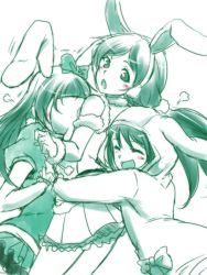 Rule 34 | 10s, 3girls, :d, :o, ^ ^, animal ears, animal hood, between breasts, blush, bow, breast smother, breasts, closed eyes, detached sleeves, earmuffs, face between breasts, face to breasts, green theme, hair bow, head between breasts, hood, hug, hug from behind, image sample, large breasts, looking back, love live!, love live! school idol project, monochrome, multiple girls, open mouth, rabbit ears, rabbit hood, simple background, sketch, skirt, smile, sonoda umi, spot color, tojo nozomi, trembling, urutsu sahari, yazawa nico