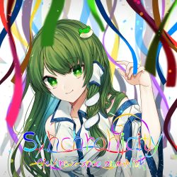 Rule 34 | 1girl, bad id, bad twitter id, bare shoulders, blue ribbon, breasts, collarbone, commentary request, confetti, daimaou ruaeru, detached sleeves, frog hair ornament, gradient background, green eyes, green hair, green ribbon, grey background, hair ornament, hand up, highres, kochiya sanae, light particles, long hair, long sleeves, looking at viewer, medium breasts, nail polish, pink nails, pink ribbon, purple ribbon, red ribbon, ribbon, shirt, single sidelock, smile, snake hair ornament, solo, touhou, upper body, white background, white shirt, wide sleeves, yellow ribbon