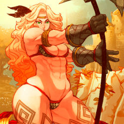 Rule 34 | 1girl, abs, amazon (dragon&#039;s crown), armlet, armor, axe, biceps, bikini, bikini armor, blonde hair, breasts, cromwaits, dragon&#039;s crown, feathers, gloves, green eyes, long hair, muscular, muscular female, swimsuit, thick thighs, thighs, vanillaware, weapon