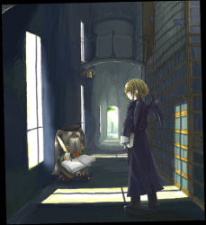 Rule 34 | 1boy, 1other, black robe, black wings, blonde hair, book, closed mouth, commentary request, day, eon (greencastle), expressionless, full body, furry, furry male, holding, holding book, indoors, library, looking at another, lowres, old, old man, original, quill, rabbit boy, robe, short hair, standing, window, wings