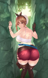 Rule 34 | 1girl, :o, ass, atelier (series), atelier ryza, atelier ryza 1, bare shoulders, belt, blush, brown eyes, brown gloves, brown hair, cait aron, day, from behind, gloves, hair ornament, hairclip, hat, highres, looking at viewer, looking back, open mouth, outdoors, red shorts, reisalin stout, short hair, short shorts, shorts, single glove, solo, thigh strap, thighhighs, thighs, white hat