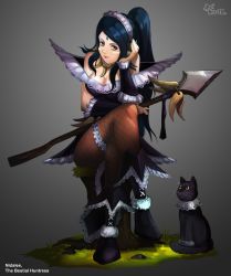 Rule 34 | 1girl, alternate costume, alternate skin color, bare shoulders, black cat, black hair, boots, bracer, breasts, cat, cleavage, crossed legs, dress, enmaided, fishnet pantyhose, fishnets, forehead jewel, french maid nidalee, head rest, jewelry, large breasts, league of legends, bridal garter, long hair, looking at viewer, maid, maid headdress, necklace, neo-tk.., nidalee, pantyhose, polearm, ponytail, sitting, spear, strapless, strapless dress, tooth necklace, weapon, yellow eyes