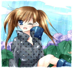 Rule 34 | 1girl, blue eyes, boots, brown hair, day, flower, hydrangea, leaf, long hair, looking at viewer, lowres, one eye closed, original, outdoors, polka dot, rain, raincoat, sitting, sky, solo, soumoto mina, twintails