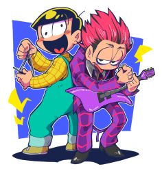 Rule 34 | 10s, 2boys, back-to-back, black hair, brothers, chiyo (shuten dj), cosplay, fang, heart, heart in mouth, hide (singer), hide (singer) (cosplay), instrument, male focus, matsuno ichimatsu, matsuno jyushimatsu, multiple boys, osomatsu-kun, osomatsu-san, osomatsu (series), overalls, red hair, siblings, smile, spiked hair, tongue, tongue out, triangle (instrument), wall-eyed, x-japan