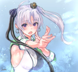 Rule 34 | 1girl, ahoge, akitsushima (kancolle), armpits, artist name, black ribbon, blue background, blush, buttons, commentary request, double-breasted, grey hair, hair ornament, hair ribbon, jacket, kantai collection, long hair, mani oniniku, military, military uniform, multicolored clothes, open mouth, purple eyes, ribbon, side ponytail, sidelocks, solo, uniform, upper body, white jacket