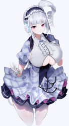 Rule 34 | 1girl, absurdres, azur lane, breasts, closed mouth, clothing cutout, covered navel, dido (azur lane), dido (muse) (azur lane), dress, drill hair, ekaki no mime, gloves, hand on own chest, hand up, headphones, highres, large breasts, looking at viewer, maid headdress, medium hair, pantyhose, purple eyes, side ponytail, sideboob, silver hair, smile, solo, standing, underboob, white background, white gloves, white pantyhose