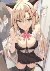 Rule 34 | 1girl, ahoge, animal ear fluff, animal ears, bare shoulders, black bra, black thighhighs, blonde catgirl (ohta yuichi), blonde hair, blue eyes, bow, bowtie, bra, breasts, cat ears, cat girl, cat tail, cleavage, clothes lift, commentary request, hand on own chest, heart, highres, large breasts, lifting own clothes, lingerie, long hair, looking at viewer, miniskirt, off shoulder, ohta yuichi, open clothes, open shirt, original, parted lips, pink bow, pink bowtie, shirt, shirt lift, skirt, skirt tug, sleeveless, sleeveless shirt, slit pupils, smile, solo, spoken heart, tail, thighhighs, underbust, underwear, very long hair, zettai ryouiki