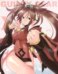Rule 34 | 1girl, breasts, brown eyes, brown hair, china dress, chinese clothes, dress, fighting stance, guilty gear, guilty gear xrd, hair rings, highres, impossible clothes, impossible dress, kuradoberi jam, large breasts, long hair, long sleeves, looking at viewer, mariebell, red dress, wide sleeves