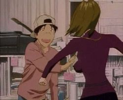 Rule 34 | 1990s (style), 1boy, 1girl, angry, animated, animated gif, backboob, baseball cap, bouncing breasts, grabbing another&#039;s breast, breasts, character request, golden boy, grabbing, groping, hat, hetero, humor, indoors, large breasts, lipstick, lowres, makeup, onna producer, ooe kintarou, punching, retro artstyle, violence