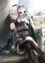 Rule 34 | 1girl, absurdres, arm support, bare shoulders, black hairband, black kimono, black sleeves, black thighhighs, breasts, building, closed mouth, commentary request, crossed legs, day, detached sleeves, feet out of frame, fox mask, gloves, grey eyes, grey hair, hair over one eye, hairband, highres, holding, holding mask, japanese clothes, kimono, long sleeves, looking at viewer, mask, unworn mask, medium breasts, minagi (user uvxz2337), nier:automata, nier (series), obi, outdoors, overgrown, sash, sleeveless, sleeveless kimono, solo, thighhighs, v-shaped eyebrows, white gloves, wide sleeves, 2b (nier:automata)