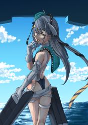 Rule 34 | 1girl, breasts, brown eyes, candy, competition swimsuit, cowboy shot, elbow gloves, food, gloves, green hair, hat, highres, kantai collection, lollipop, looking at viewer, looking back, mrdotd, ocean, one-piece swimsuit, scamp (kancolle), short shorts, shorts, small breasts, solo, swimsuit