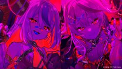 Rule 34 | 2girls, bandaid, bandaid on face, bandaid on nose, collar, demon horns, ear piercing, hair ornament, heart, heart-shaped pupils, heart collar, highres, hololive, horns, la+ darknesss, looking at viewer, multicolored hair, multiple girls, nail polish, open mouth, oshiruko (oshiruco 212048), piercing, red eyes, sakamata chloe, streaked hair, striped horns, symbol-shaped pupils, tongue, tongue out, virtual youtuber