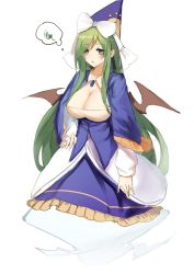Rule 34 | 1girl, :o, bat wings, blue capelet, blue hat, blue vest, blush, breasts, brooch, capelet, cleavage, commentary request, demon wings, floating, full body, ghost tail, green eyes, green hair, hand on own hip, hat, jewelry, kuroko tori, large breasts, long sleeves, looking to the side, mima (touhou), open mouth, puffy sleeves, shirt, sidelocks, simple background, solo, squiggle, thought bubble, touhou, touhou (pc-98), vest, white background, white shirt, wing collar, wings, witch, witch hat