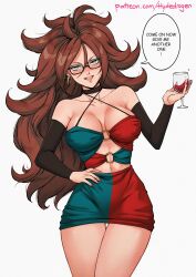 Rule 34 | 1girl, absurdres, android 21, bare shoulders, blue eyes, blush, breasts, brown hair, choker, detached sleeves, dragon ball, dragon ball fighterz, drunk, earrings, female focus, glasses, gluteal fold, hand on own hip, highres, hydedrogen, jewelry, large breasts, long hair, looking at viewer, nail polish, solo, speech bubble