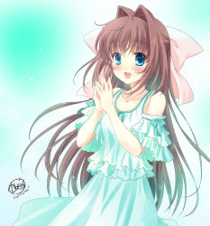 Rule 34 | 1girl, absurdres, artist name, asakura otome, bare shoulders, blue eyes, blush, bow, breasts, brown hair, collarbone, commentary request, da capo, da capo ii, detached sleeves, dress, green dress, hair between eyes, hair bow, hair intakes, highres, kayura yuka, long hair, looking at viewer, open mouth, pink bow, sidelocks, signature, small breasts, solo