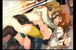 Rule 34 | 2girls, all fours, ass, black legwear, blush, boots, breasts, breasts out, brown eyes, brown hair, censored, clothes lift, coat, dildo, double dildo, eye contact, hirasawa yui, k-on!, large breasts, looking at another, lying, mokusei zaijuu, multiple girls, nipples, no bra, no panties, open clothes, open mouth, pussy, sex toy, shirt lift, short hair, skirt, small breasts, socks, spread legs, sweat, tainaka ritsu, wet, yuri