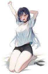 Rule 34 | 1girl, absurdres, arms up, bare legs, barefoot, black shorts, blue hair, breasts, choker, dark blue hair, dolphin shorts, earrings, fangs, highres, jewelry, large breasts, long hair, looking at viewer, loose clothes, loose shirt, midriff peek, multicolored hair, one eye closed, open mouth, orange eyes, original, seiza, shirt, shirt overhang, short shorts, short sleeves, shorts, simple background, sitting, solo, streaked hair, stretching, sugar (dndi888), virtual youtuber, waking up, white background, white shirt, yawning, yellow eyes