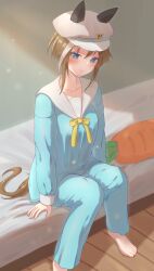 Rule 34 | 1girl, absurdres, alternate costume, animal ears, barefoot, blue eyes, blue pajamas, blush, brown hair, carrot-shaped pillow, cheval grand (umamusume), closed mouth, commentary request, ear covers, foot out of frame, hair between eyes, hat, highres, horse ears, horse girl, horse tail, lens flare, light particles, long sleeves, looking at viewer, medium hair, multicolored hair, on bed, pajamas, peaked cap, sitting, solo, streaked hair, tail, umamusume, uryua0324, white hair, white hat, wooden floor