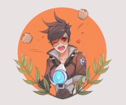 Rule 34 | 1girl, ;d, bad id, bad twitter id, bodysuit, bomber jacket, brown eyes, brown hair, brown jacket, chest harness, collarbone, cupcake, ear piercing, food, goggles, harness, heart, highres, jacket, leaf, military rank insignia, neosnim, one eye closed, open mouth, overwatch, overwatch 1, piercing, plant, short hair, sleeves rolled up, smile, solo, spiked hair, spoken heart, strap, teeth, tracer (overwatch), upper body, vambraces