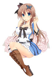 Rule 34 | 1girl, aqua eyes, blush, boots, breasts, brown hair, butterfly hair ornament, cameltoe, cleavage, collarbone, dress, food, food on face, full body, gatakenjin, hair ornament, hair ribbon, hapymaher, large breasts, licking, licking finger, long hair, looking at viewer, panties, pantyshot, pink panties, ribbon, short dress, simple background, single thighhigh, solo, striped clothes, striped thighhighs, thighhighs, toriumi arisu, underwear, white background