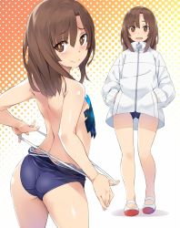Rule 34 | 1girl, ass, back, blush, breasts, brown eyes, brown hair, censored, closed mouth, clothes pull, collarbone, commentary request, competition school swimsuit, cowboy shot, from behind, from below, full body, glitch, glitch censor, gluteal fold, gradient background, hands in pockets, highres, jacket, kitanaga, looking at viewer, multiple views, nagayori, one-piece swimsuit, one-piece swimsuit pull, open mouth, polka dot, polka dot background, school swimsuit, seductive smile, shoes, short hair, small breasts, smile, standing, swimsuit, unworn swimsuit, teasing, thighs, topless, ueno-san wa bukiyou, uwabaki, white jacket