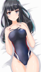Rule 34 | 1girl, agatsuma kaede, alice gear aegis, black eyes, black hair, black one-piece swimsuit, breasts, collarbone, competition swimsuit, cowboy shot, gluteal fold, hands on own chest, highres, long hair, looking at viewer, lying, medium breasts, one-piece swimsuit, rasen manga, solo, swimsuit, thigh gap
