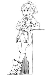 Rule 34 | 1girl, belt, cup, greyscale, high heels, holding, holding cup, holding plate, kantai collection, leaning on object, looking to the side, messy hair, military, military uniform, monochrome, plate, pleated skirt, ponytail, short hair, short sleeves, skirt, socks, solo, task (s task80), teacup, uniform, white background