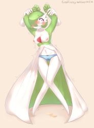 Rule 34 | 1girl, absurdres, armpits, artist name, beige background, blue panties, blush, bow, bow panties, breasts, clenched teeth, collarbone, creatures (company), disembodied hand, eifie, female focus, full body, game freak, gardevoir, gen 3 pokemon, green hair, hands up, have to pee, highres, knees together feet apart, looking back, looking to the side, medium breasts, navel, nintendo, nipples, panties, peeing, peeing self, pokemon, pokemon (creature), pokemon rse, red bow, red eyes, restrained, short hair, simple background, solo, standing, sweat, teeth, text focus, thigh gap, topless, trembling, underwear, watermark, web address, wet, wet clothes, wet panties