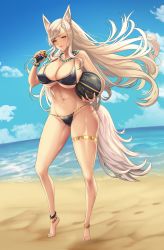 Rule 34 | animal ear fluff, ankle, ball, bead bracelet, bead necklace, beads, bikini, black bikini, blush, bracelet, breasts, brown hair, cleavage, commission, energy drink, highres, huge breasts, jewelry, long hair, mad kimo, midriff, navel, necklace, ocean, original, swimsuit, tail, thigh strap, yellow eyes