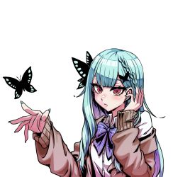 Rule 34 | 1girl, absurdres, aqua hair, aqua nails, braid, bug, butterfly, cardigan, earrings, ga320aaa, highres, hololive, insect, jewelry, long hair, looking at viewer, nail polish, neck ribbon, off shoulder, red eyes, ribbon, school uniform, simple background, solo, uruha rushia, uruha rushia (school uniform), virtual youtuber, white background