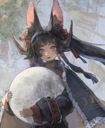 Rule 34 | 1girl, animal ear fluff, animal ears, black hair, black nails, cloak, fingernails, fur trim, goat eyes, holding, horns, jewelry, kurikabacha, long hair, moon, nail polish, necklace, original, outdoors, parted lips, red eyes, solo, twintails